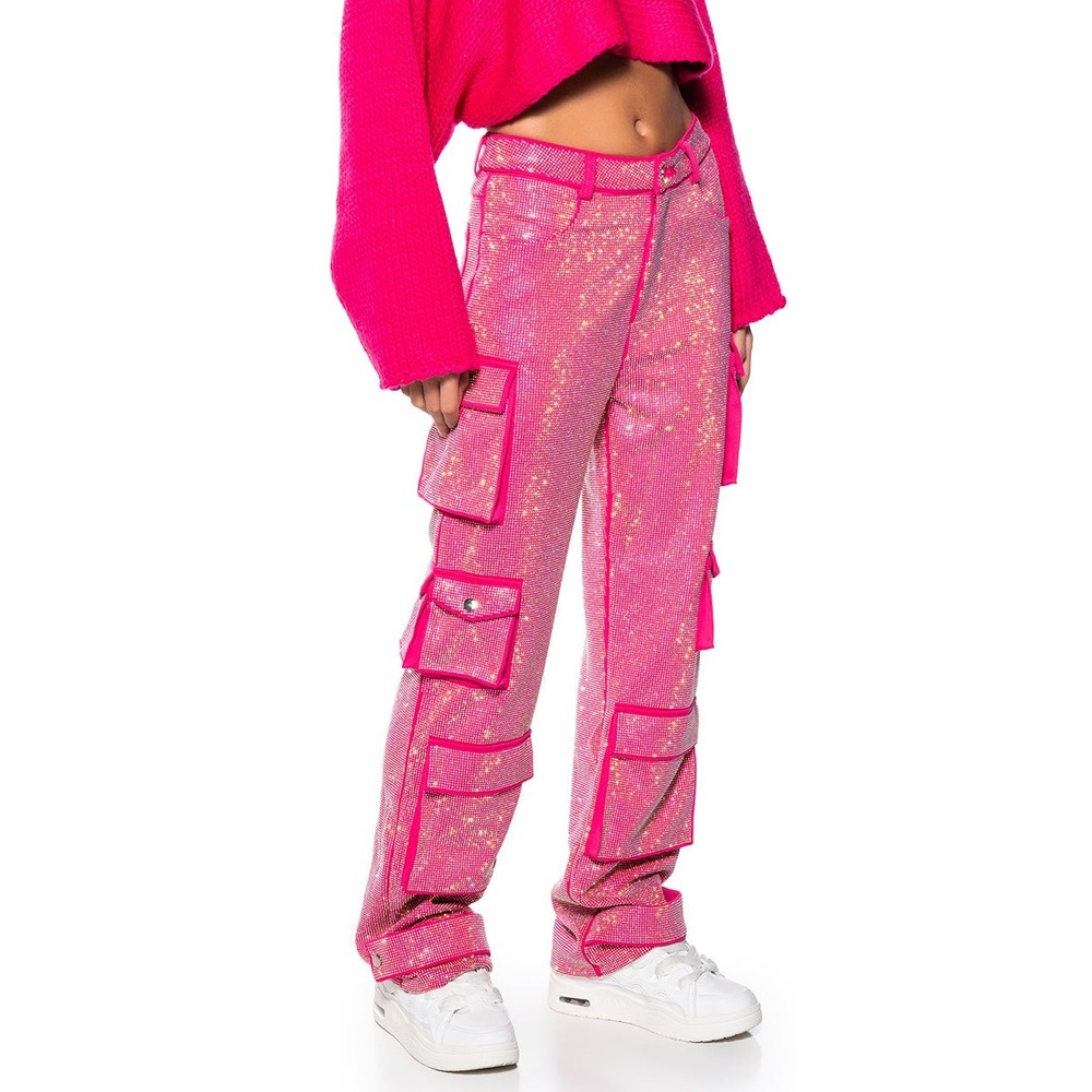 Akira Cargo Pants Women Large Pink Rhinestone High Rise Y2K Night Out